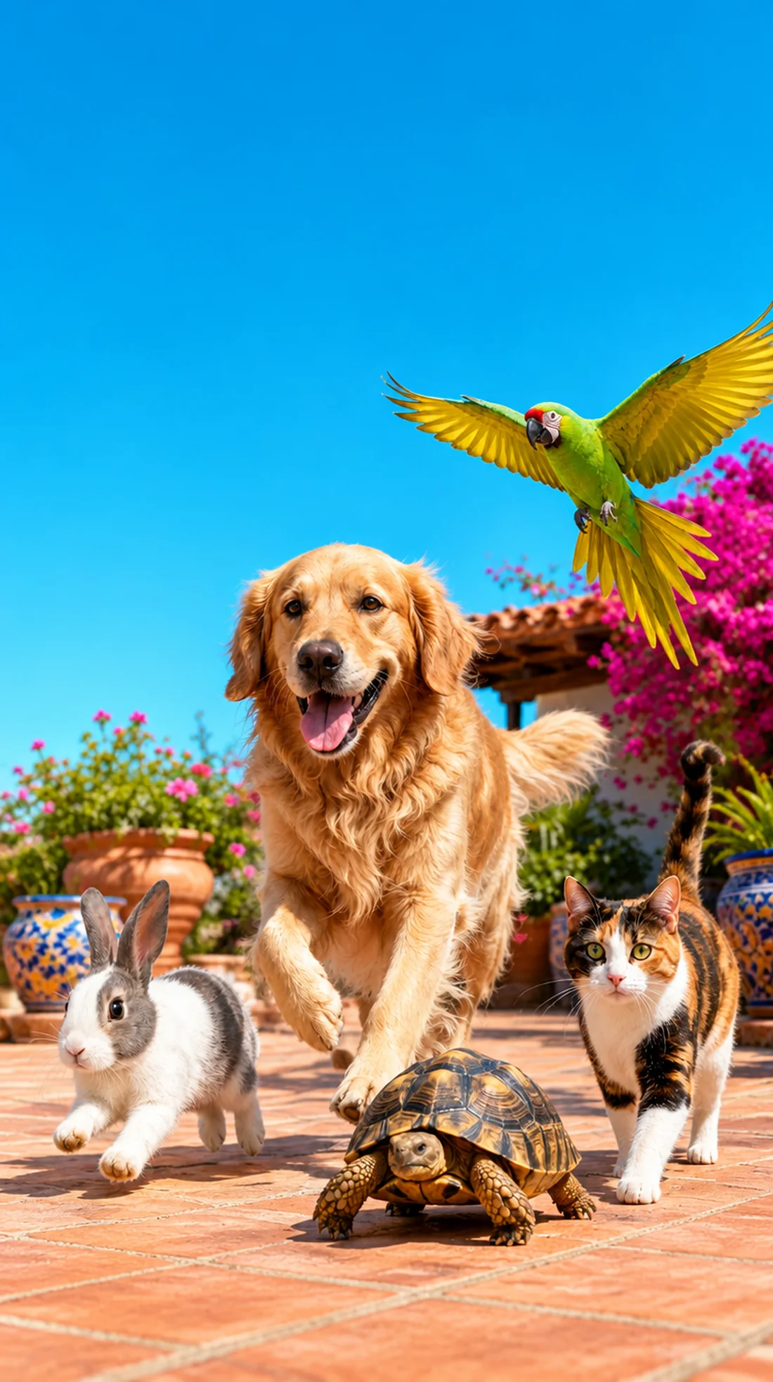 Un perro, un gato, un conejo, una tortuga y un perico juntos en una terraza mexicana